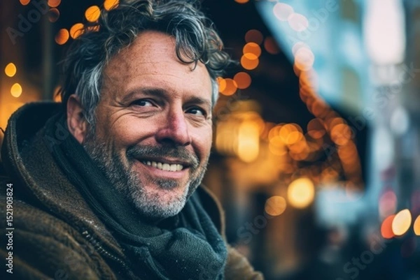 Fototapeta Portrait of a handsome middle-aged man with gray hair and beard, wearing a warm jacket and scarf, standing in front of a Christmas market.