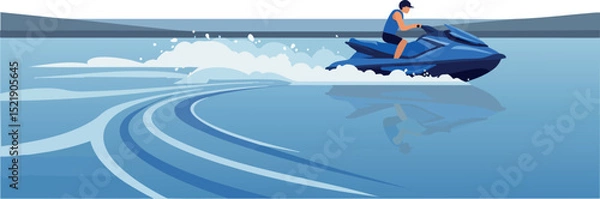 Fototapeta Jet Ski Rider on Calm Blue Water Creating Waves Vector Illustration 