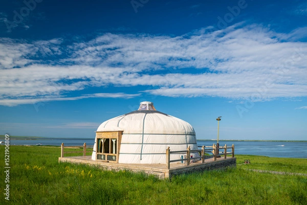 Fototapeta The Mongolian yurts on the Horonor Grassland in Hulunbuir City, Inner Mongolia Autonomous Region, China