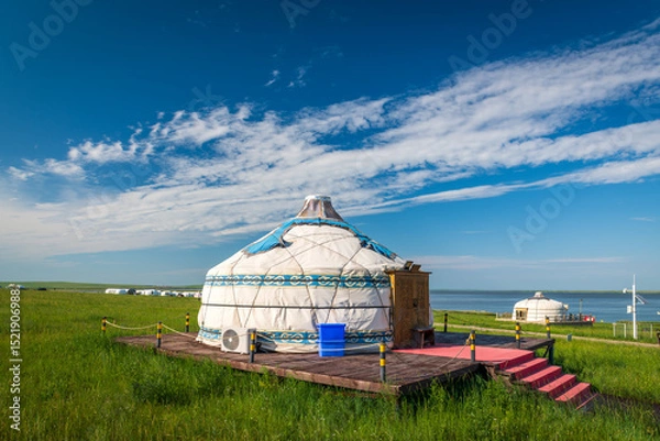 Fototapeta The Mongolian yurts on the Horonor Grassland in Hulunbuir City, Inner Mongolia Autonomous Region, China