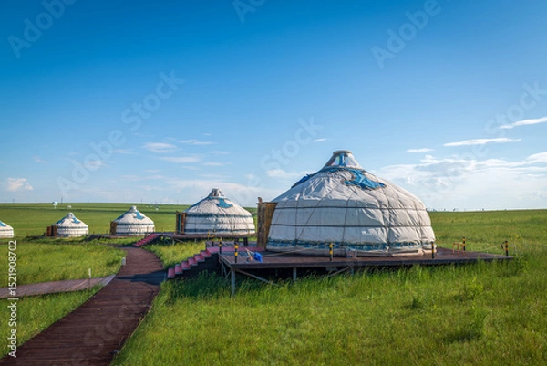 Fototapeta The Mongolian yurts on the Horonor Grassland in Hulunbuir City, Inner Mongolia Autonomous Region, China