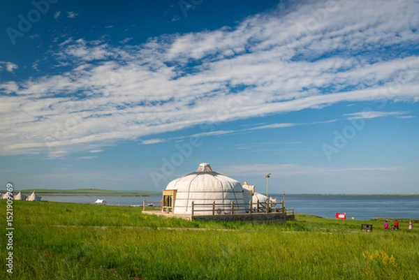 Fototapeta The Mongolian yurts on the Horonor Grassland in Hulunbuir City, Inner Mongolia Autonomous Region, China