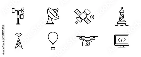 Fototapeta Weather and technology line icon set. satellite, drone, communication symbols.
