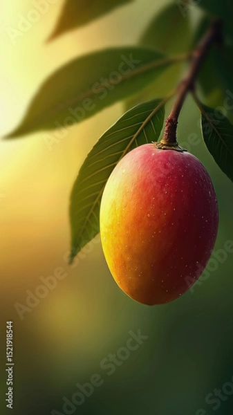 Fototapeta Mango hanging from tree with dew drops in morning light