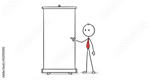 Fototapeta Stick Figure Businessman Presenting Blank Roll Up Banner