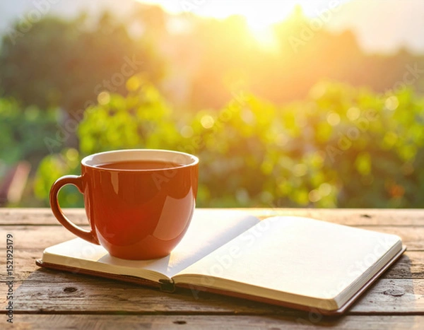 Fototapeta Warm cup of tea rests on open notebook, bathed in soft golden glow of afternoon sun. This serene scene invites relaxation and reflection in cozy outdoor setting