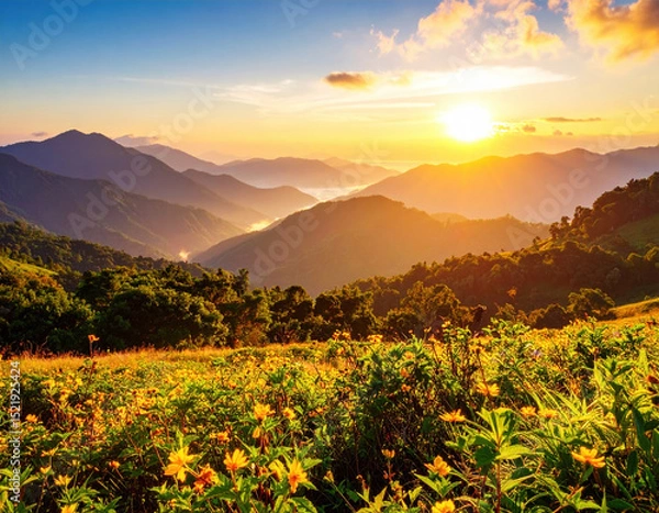 Fototapeta Breathtaking sunrise over mountain landscape, showcasing vibrant flowers in foreground and rolling hills in background, evokes sense of freedom and tranquility