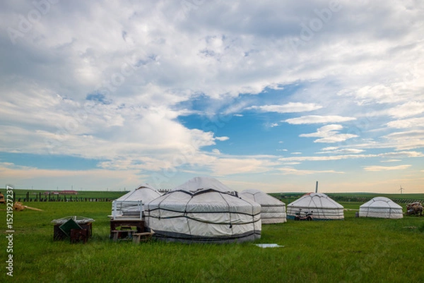 Fototapeta The Mongolian yurts on the Horonor Grassland in Hulunbuir City, Inner Mongolia Autonomous Region, China