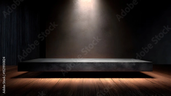 Fototapeta Minimalist platform in spotlight for display. Dark backdrop and wood floor texture.