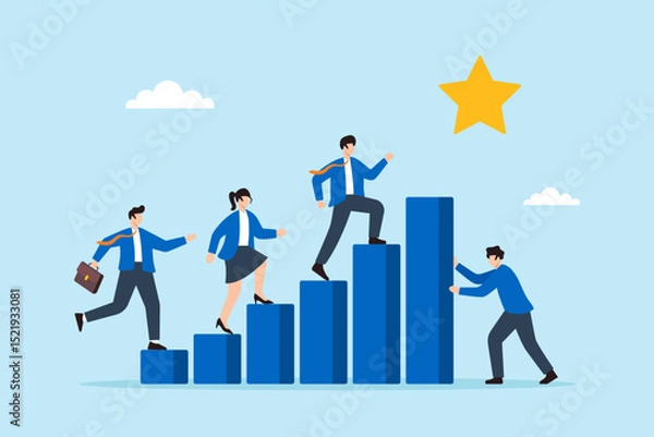 Fototapeta Flat illustration of business leader building bar chart staircase for team to reach startup success goal