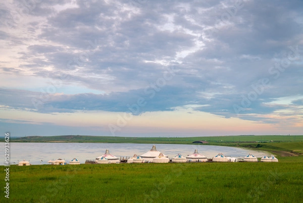 Fototapeta The Mongolian yurts on the Horonor Grassland in Hulunbuir City, Inner Mongolia Autonomous Region, China