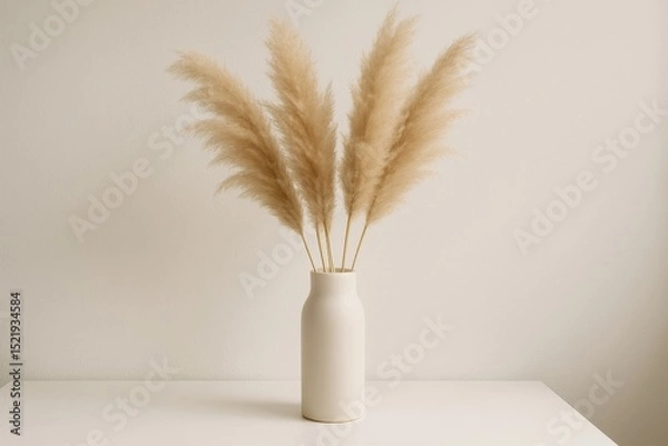 Fototapeta Minimalist still life of fluffy beige pampas grass stems in a sleek white ceramic decor vase placed on a clean white surface against a white background creating a modern bohemian aesthetic.
