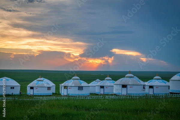 Fototapeta The Mongolian yurts on the Horonor Grassland in Hulunbuir City, Inner Mongolia Autonomous Region, China