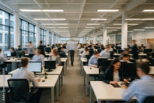 Fototapeta Busy Modern Office Interior with Blurred People Working at Desks and Walking Long Exposure Shot
