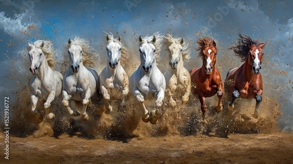 Obraz A herd of seven powerful horses thundering across a dry landscape, dust clouds rising behind them as they run with fierce energy and grace