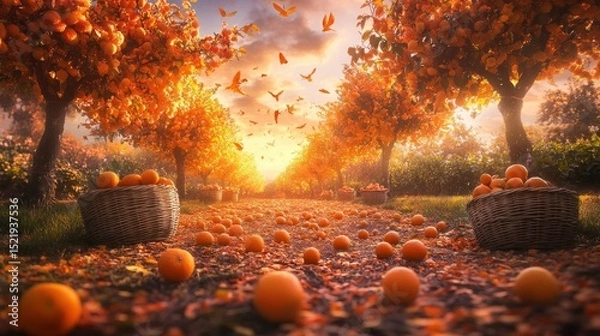 Fototapeta An orange grove featuring trees fruit baskets and leaves gently falling