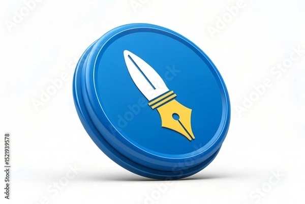 Fototapeta Blue round button icon featuring a quill pen
