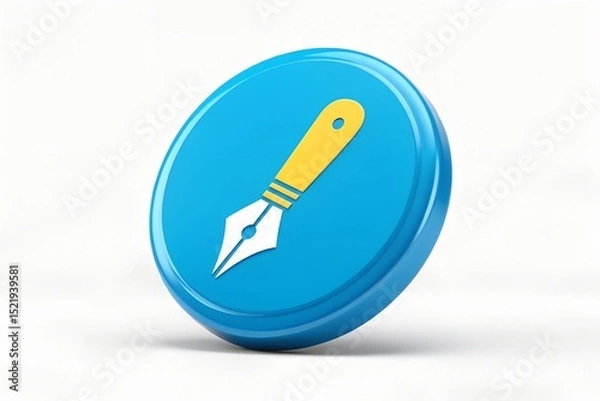 Fototapeta Blue round button with yellow and white fountain pen icon
