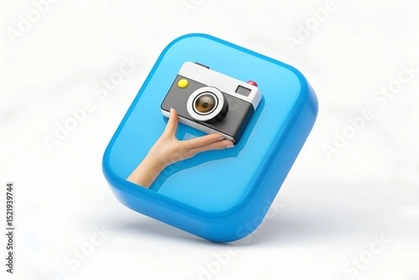 Fototapeta Hand holding retro camera on blue square app icon