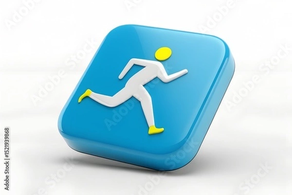 Fototapeta Running man icon 3d render blue square fitness app