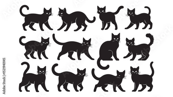 Fototapeta Black cat silhouettes in different poses isolated on white background halloween concept vector