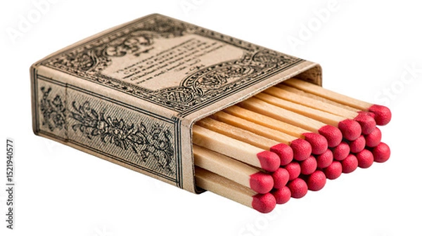 Fototapeta Close-up of a vintage matchbox, filled with wooden matches and red tips.