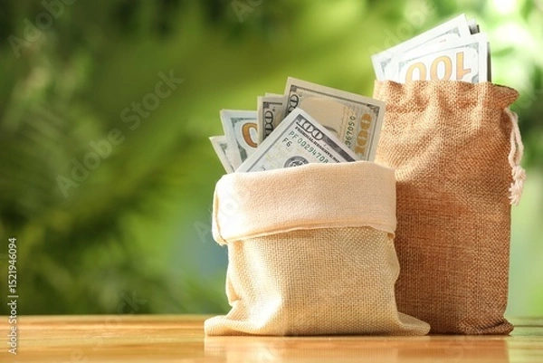 Fototapeta Money bags with dollar banknotes on wooden table against blurred green background, closeup. Space for text