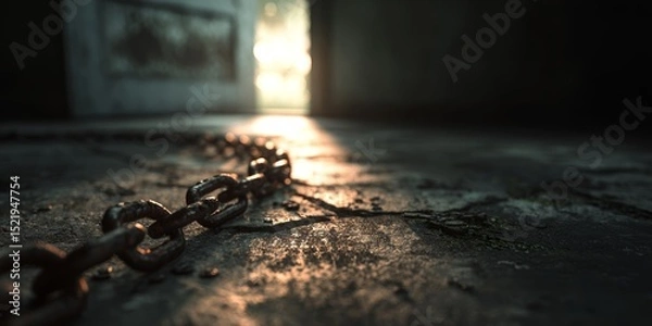 Fototapeta Chains lying on a cracked floor with light spilling through an open doorway in an abandoned building at dusk