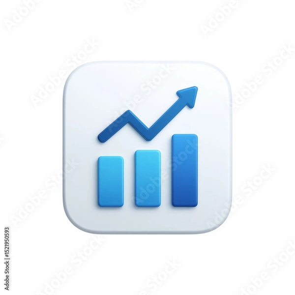 Fototapeta A white square icon featuring a blue bar graph and an arrow pointing upwards indicating growth
