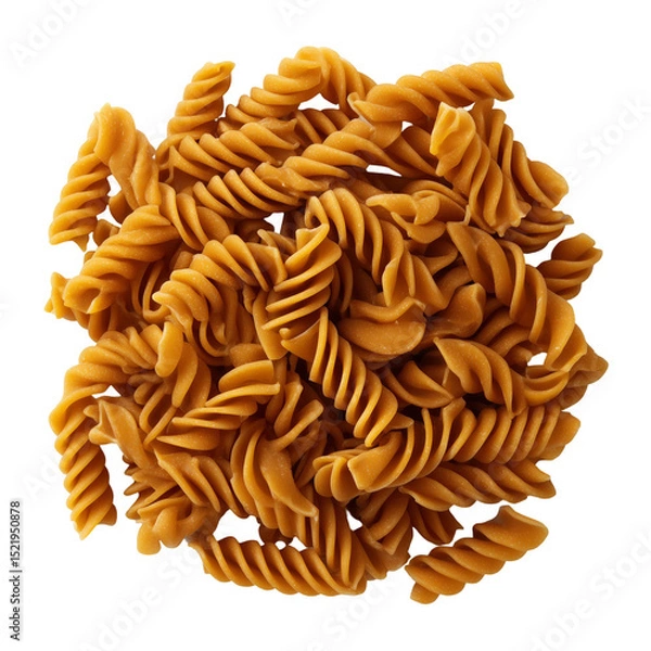 Fototapeta A close up shot showcasing a pile of uncooked fusilli pasta against a solid white background in studio light