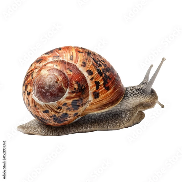 Fototapeta Close up of a snail with a patterned shell against a white background showing its antennae out front