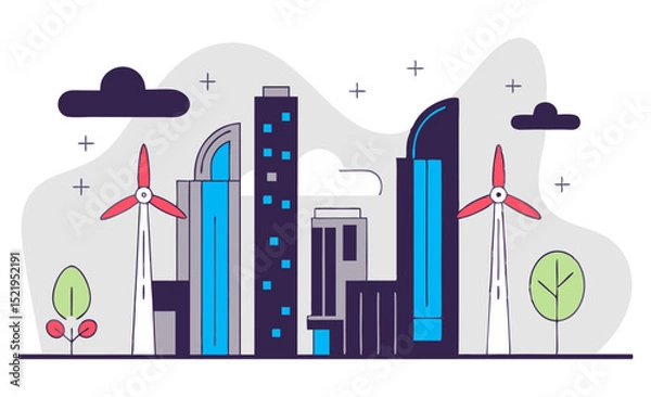 Fototapeta A futuristic cityscape features modern buildings alongside wind turbines and trees, symbolizing sustainable urban development.