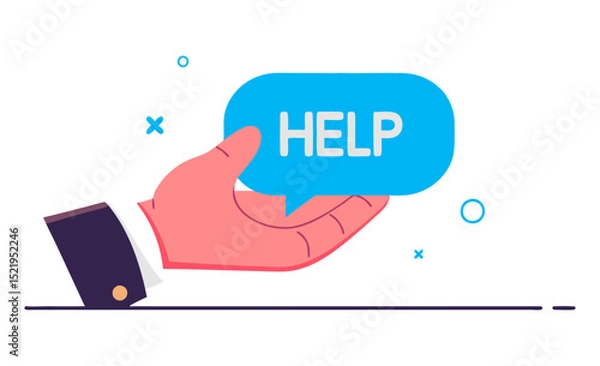 Fototapeta A hand extends with a speech bubble above it displaying the word "HELP."