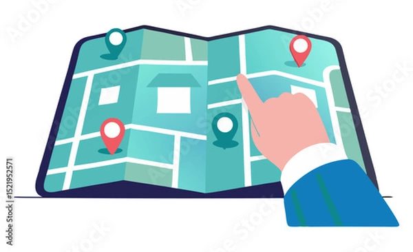 Fototapeta A hand interacts with a folded map, marked with location pins, indicating navigation or discovery.
