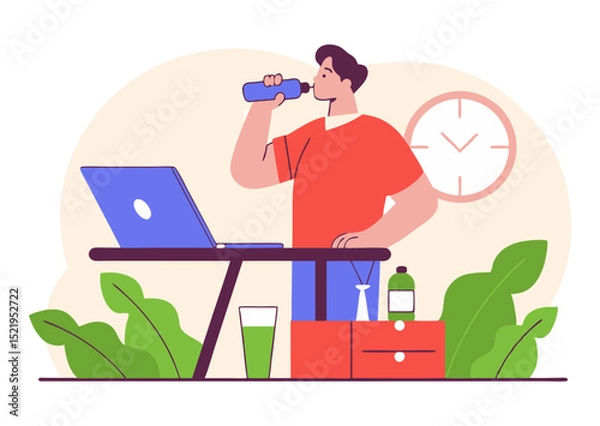 Fototapeta A person stands at a desk, drinking from a bottle while working on a laptop, promoting a healthy and hydrated workspace.