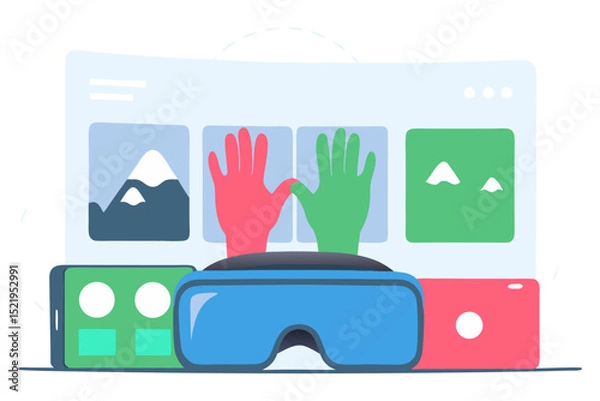 Fototapeta An illustration depicting virtual reality, featuring a blue VR headset in the foreground, with red and green screens on either side, and a large display in the background showing two hands