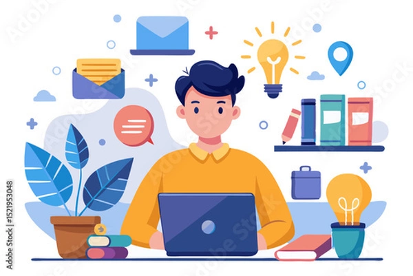 Fototapeta A person working on a laptop at a desk, surrounded by elements symbolizing online education, remote work, communication, and idea generation, including a lightbulb, books, messages, and a potted plant