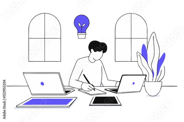 Fototapeta An illustration of a person working remotely, sketching ideas at a desk with two laptops, two tablets, a potted plant, and a glowing lightbulb, symbolizing creativity, productivity, or remote work.