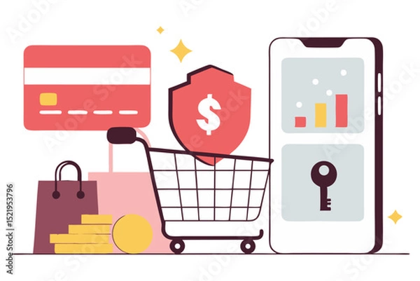 Fototapeta A vibrant flat-design illustration of a smartphone and a credit card with shopping bags, coins, a shopping cart, and a shield icon, symbolizing secure online shopping, e-commerce, or digital finance.