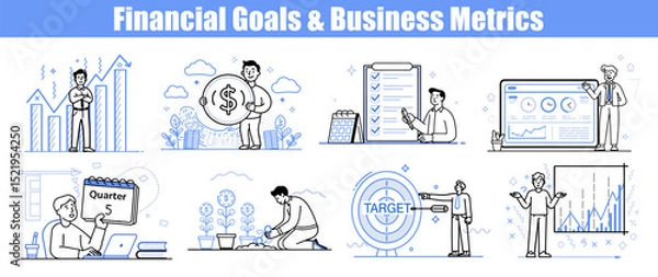 Fototapeta a set of eight monochrome illustrations depicting various aspects of financial goals and business metrics. interacting with charts, money, and planning tools, emphasizing growth and strategy.