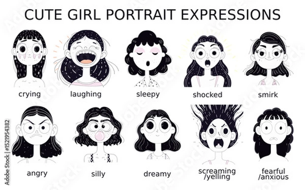 Fototapeta A grid displays ten different emotional expressions of a cute girl's portrait, labeled with emotions like crying, laughing, and angry. The illustrations use a clean, graphic style to clearly convey ea