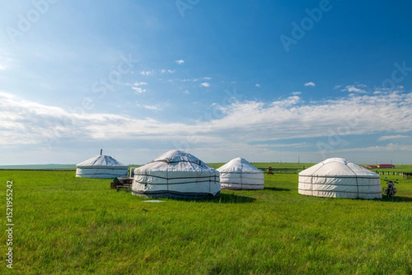 Fototapeta The Mongolian yurts on the Horonor Grassland in Hulunbuir City, Inner Mongolia Autonomous Region, China