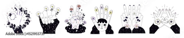 Fototapeta A collection of six surreal illustrations featuring hands and heads intertwined with floral and leaf elements. The artwork employs a whimsical, graphic style with a limited color scheme.