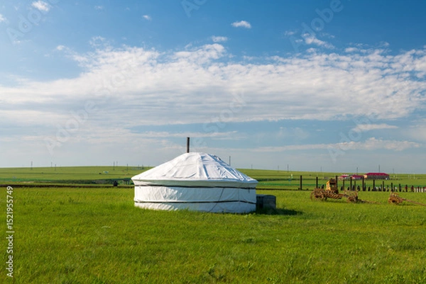 Fototapeta The Mongolian yurts on the Horonor Grassland in Hulunbuir City, Inner Mongolia Autonomous Region, China