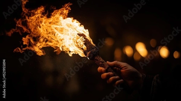 Fototapeta A hand holding a blazing torch against a dark backdrop, symbolizing hope, guidance, and the power of light in the face of darkness.