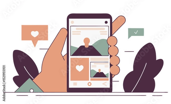Fototapeta A hand holds a smartphone displaying a social media feed with images, likes, and notifications. The illustration highlights online content consumption and social interaction