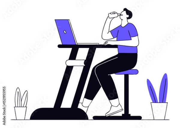 Fototapeta A minimalist illustration depicts a person sitting at a desk with a laptop, taking a drink. The scene suggests remote work or online learning with a focus on hydration.