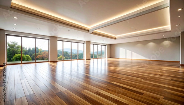 Fototapeta empty open space room in warm brown color tone with polished parquet floor and light in ceiling