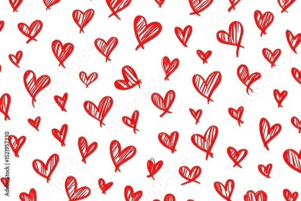 Fototapeta Pattern of various sizes of red hand-drawn hearts scattered on a white background evoking warmth and love