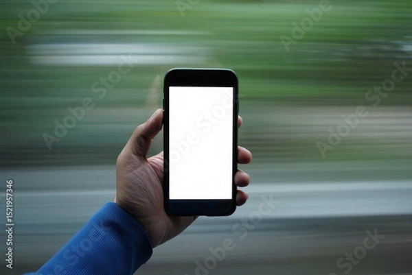 Fototapeta Hand holding smartphone with blank white screen against blurred green and gray background conveying motion or speed